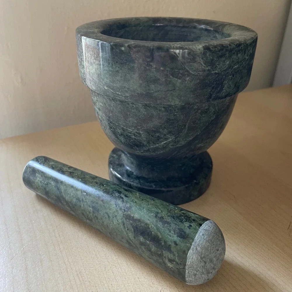Vintage Natural Green Marble Mortar & Pestle Spice Herb FootedGrinder